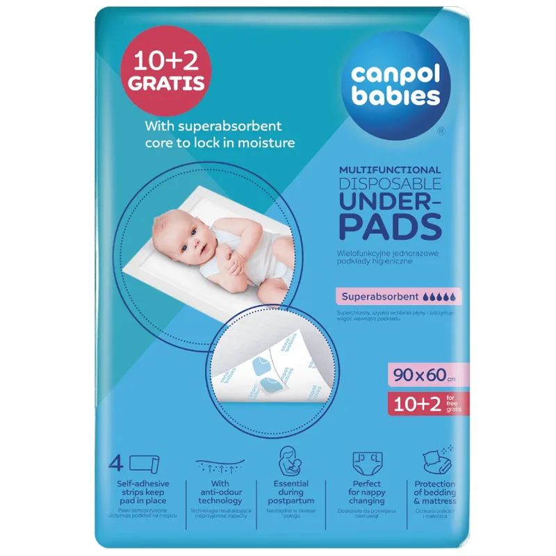Canpol Babies, tampoane sanitare multifuncționale de unică folosință, super absorbante, 90 cm x 60 cm, 10 bucăți + 2 bucăți gratuite — preț și oferte