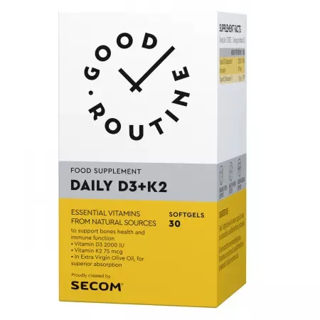 Daily D3 2000 UI + K2 Good Routine, 30 capsule gelatinoase moi, Secom — preț și oferte