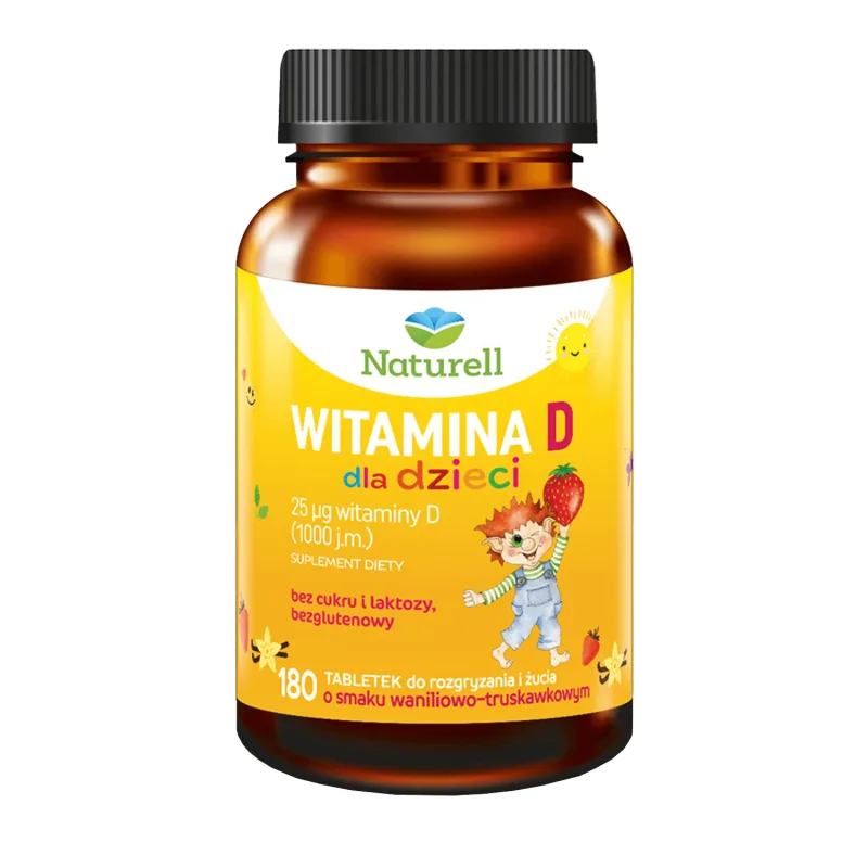 Naturell Vitamina D pentru copii peste 3 ani, aromă de vanilie și căpșuni, 180 comprimate masticabile — preț și oferte