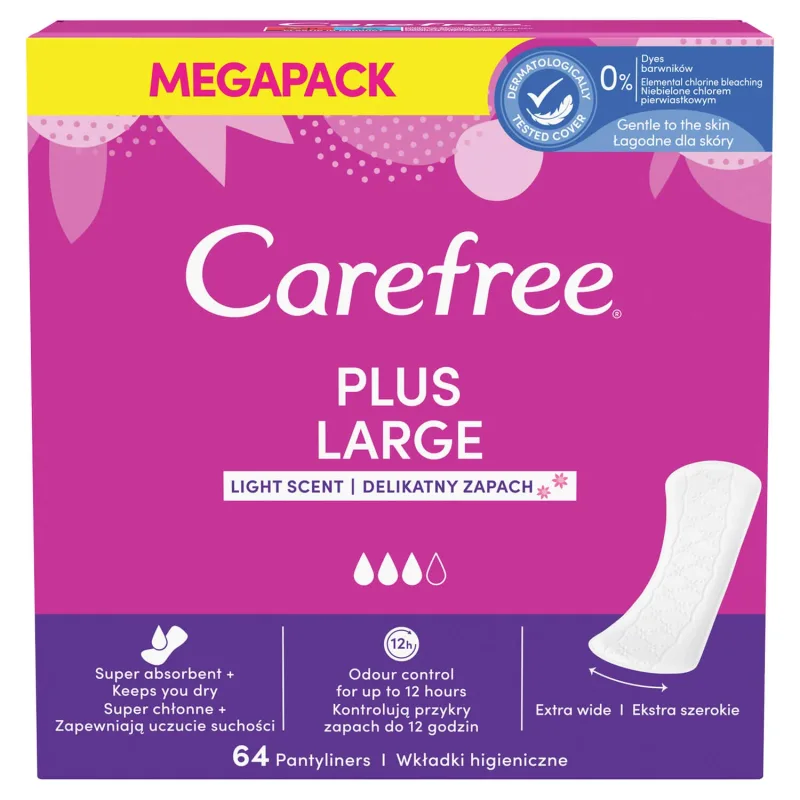 Carefree Plus Large, tampoane igienice, miros ușor/parfum delicat, 64 buc. — preț și oferte