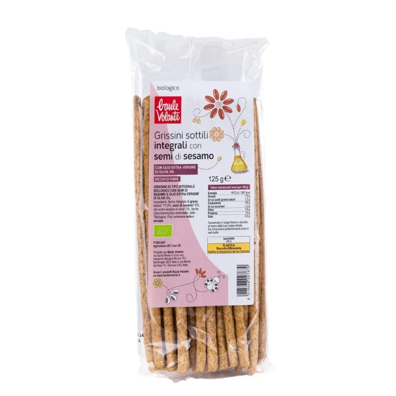 Grisine bio integrale subtiri cu susan si ulei extravirgin de masline, 125 g, Baule Volante — preț și oferte