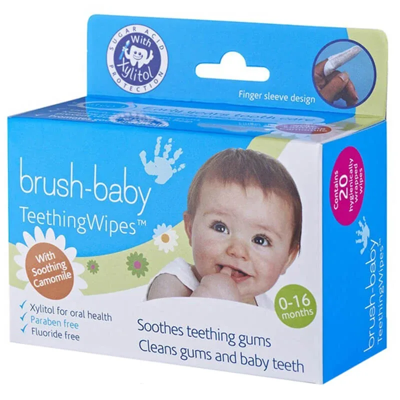 Brush-Baby Teething Wipes, tampoane de curățare a gingiilor cu mușețel și xilitol, 0-16 luni, 20 buc — preț și oferte