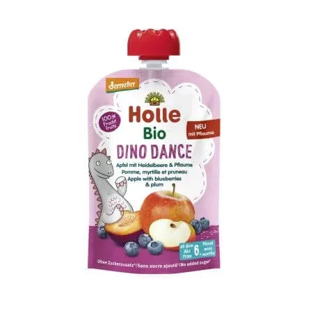 Piure Bio de mere cu afine si prune Dino Dance, +6 luni, 100 g, Holle Baby — preț și oferte