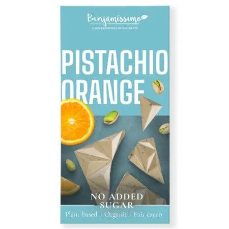 Ciocolata alba bio cu fistic si portocale, 60 g, Benjamisimo Benjamissimo — preț și oferte