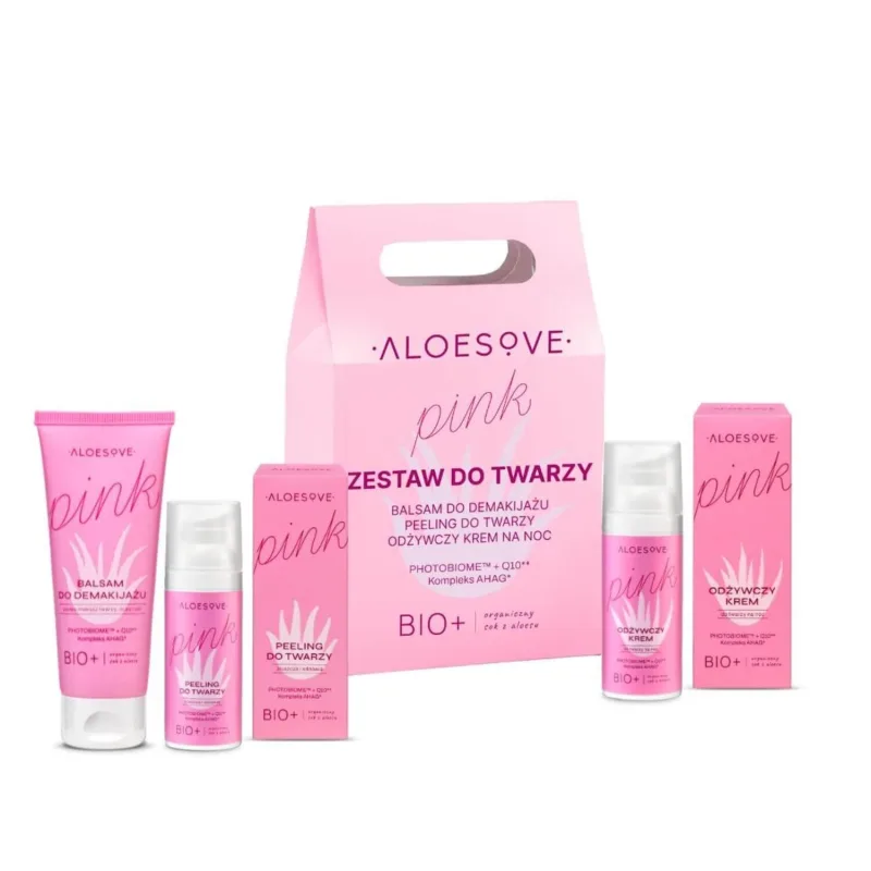 Aloesove Pink Face Kit, loțiune demachiantă, 75ml + exfoliant de față, 50ml + cremă de noapte hrănitoare, 50ml — preț și oferte