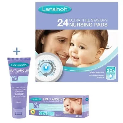 Pachet Tampoane pentru san, 24 bucati + Crema Lanolin HPA, 40 ml, Lansinoh — preț și oferte