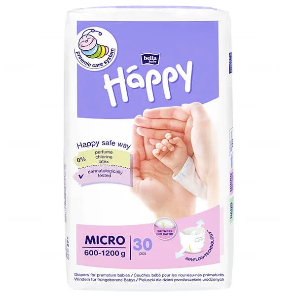 Bella Baby Happy, scutece, mărimea Micro pentru copii prematuri 600-1200 g, 30 buc — preț și oferte