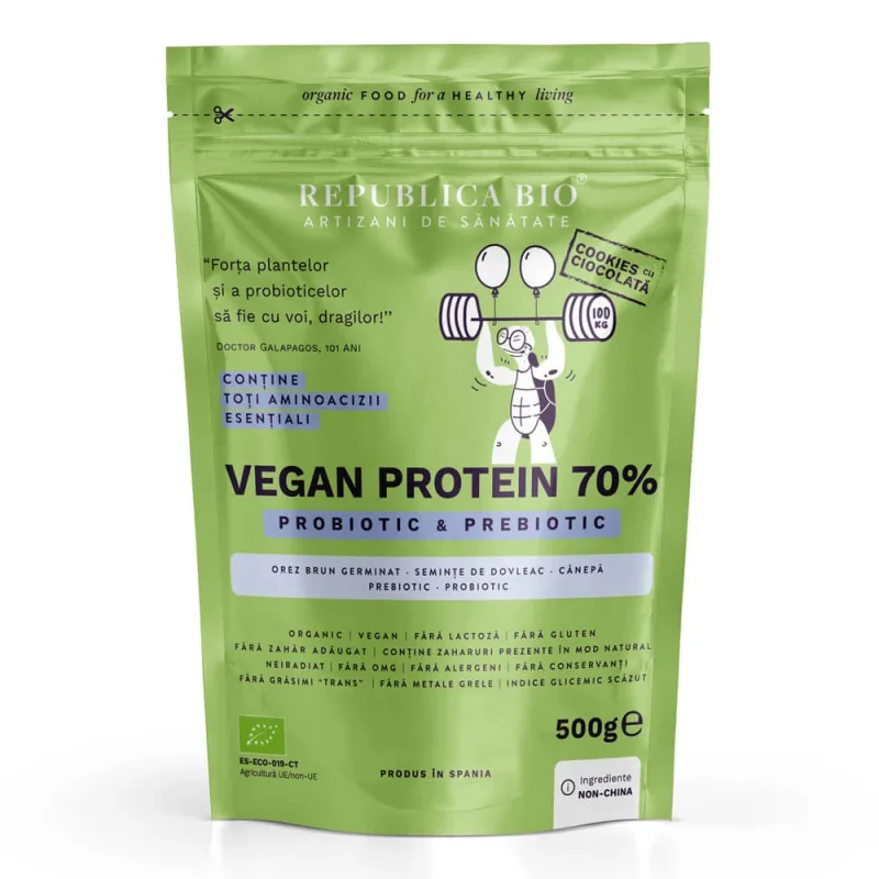 Pudra proteica Bio vegana 70% cu aroma de cookies, 500 g, Republia Bio REPUBLICA BIO — preț și oferte