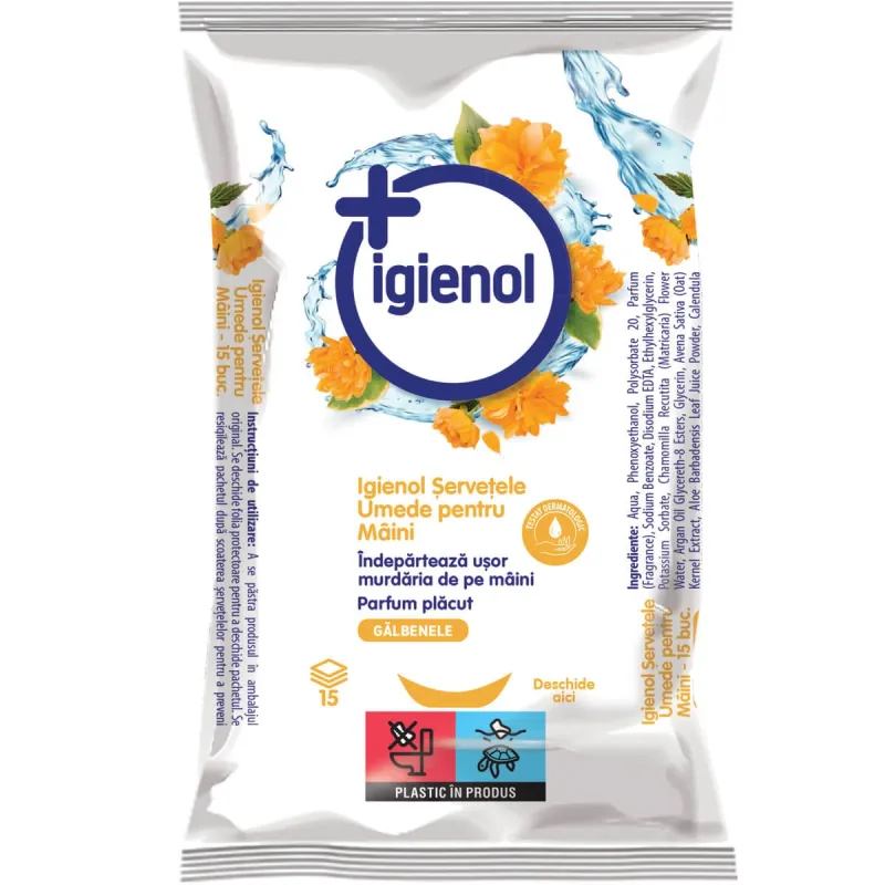 Servetele umede pentru maini, 15 bucati, Galbenele, Igienol — preț și oferte