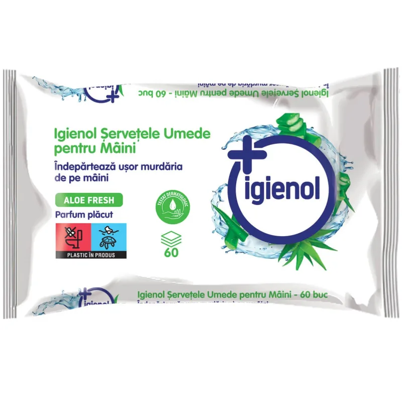 Servetele umede pentru maini, 60 bucati, Aloe Vera, Igienol — preț și oferte