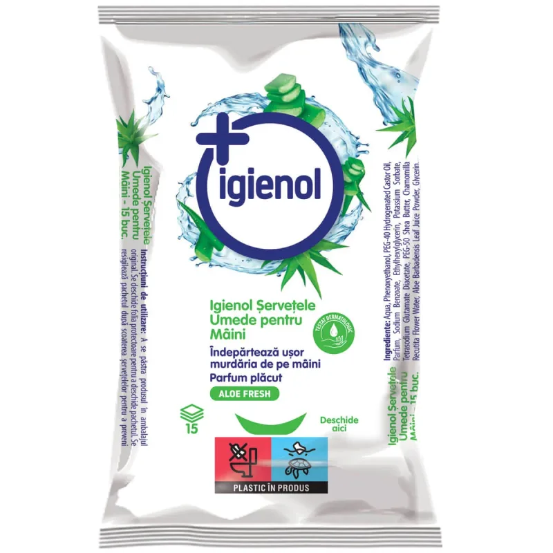 Servetele umede pentru maini, 15 bucati, Aloe Vera, Igienol — preț și oferte