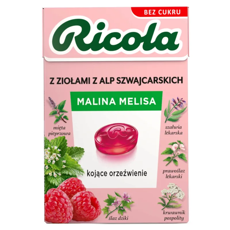 Ricola Raspberry and Melissa, bomboane elvețiene pe bază de plante, fără zahăr, 27.5 g — preț și oferte