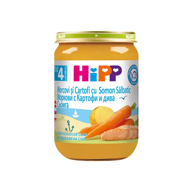 Meniu morcovi si cartofi cu somon salbatic, +4 luni,190 g, Hipp — preț și oferte