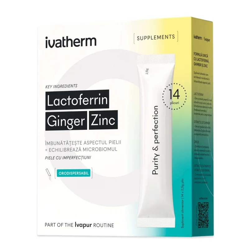 Zinc pentru pielea acneica Lactoferrin Ginger, 14 plicuri x 4g, Ivatherm — preț și oferte