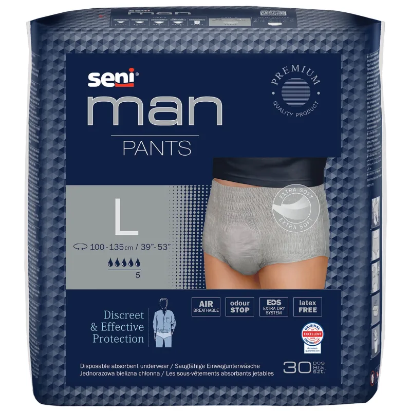 Seni Man Pants, chiloți absorbanți pentru bărbați, mărimea L, 100-135 cm, 30 bucăți — preț și oferte