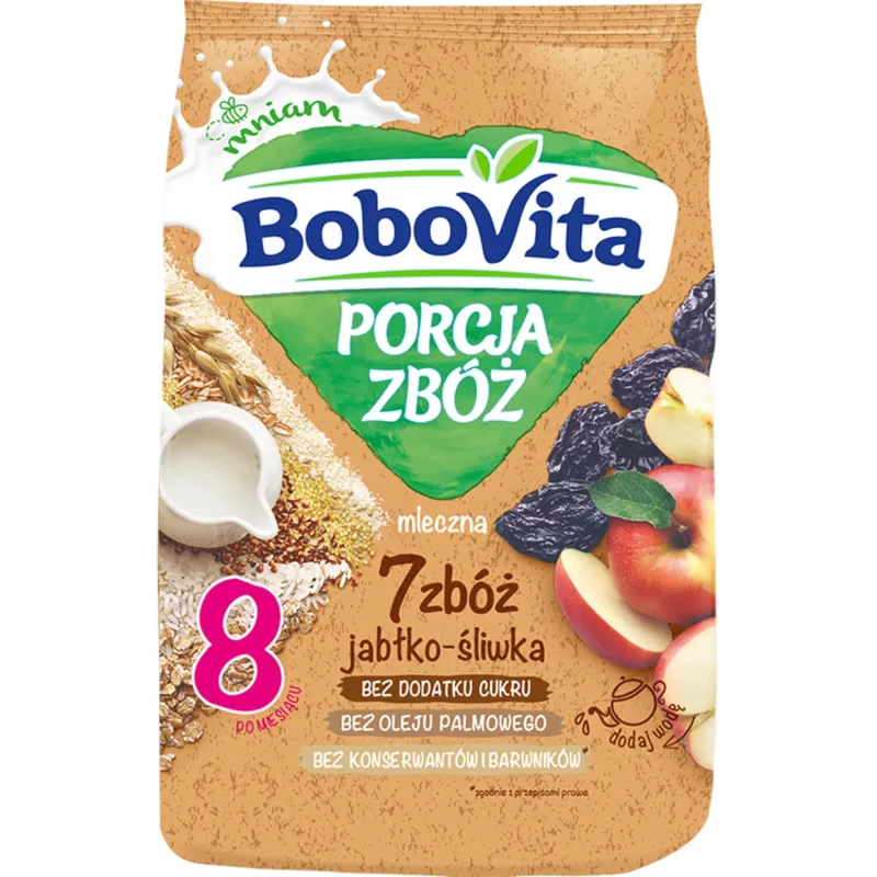 BoboVita Porcja Zbóż Porridge 7 cereale, mere și prune, lapte, fără zahăr adăugat, după 8 luni, 210 g — preț și oferte