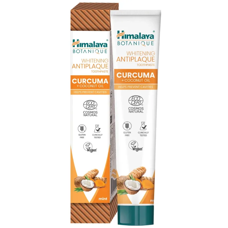 Himalaya Botanique, pastă de albire, turmeric și ulei de nucă de cocos, fără fluor, 75 ml — preț și oferte
