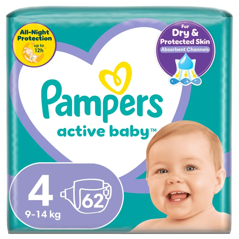 Pampers Active Baby, scutece, mărimea 4, 9-14 kg, 62 buc — preț și oferte