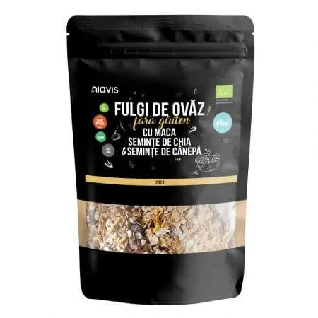 Fulgi de ovaz fini cu maca, seminte de chia si seminte de canepa eco, 200 g, Niavis — preț și oferte