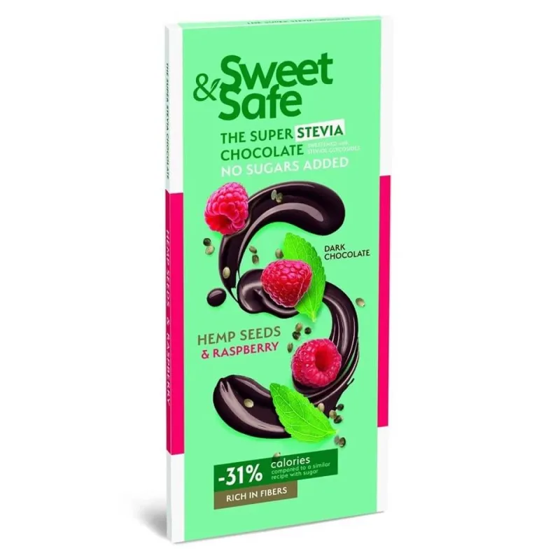Ciocolata amaruie cu seminte de canepa si zmeura Sweet & Safe, 90 g, Sly Nutritia SLY NUTRICIA — preț și oferte