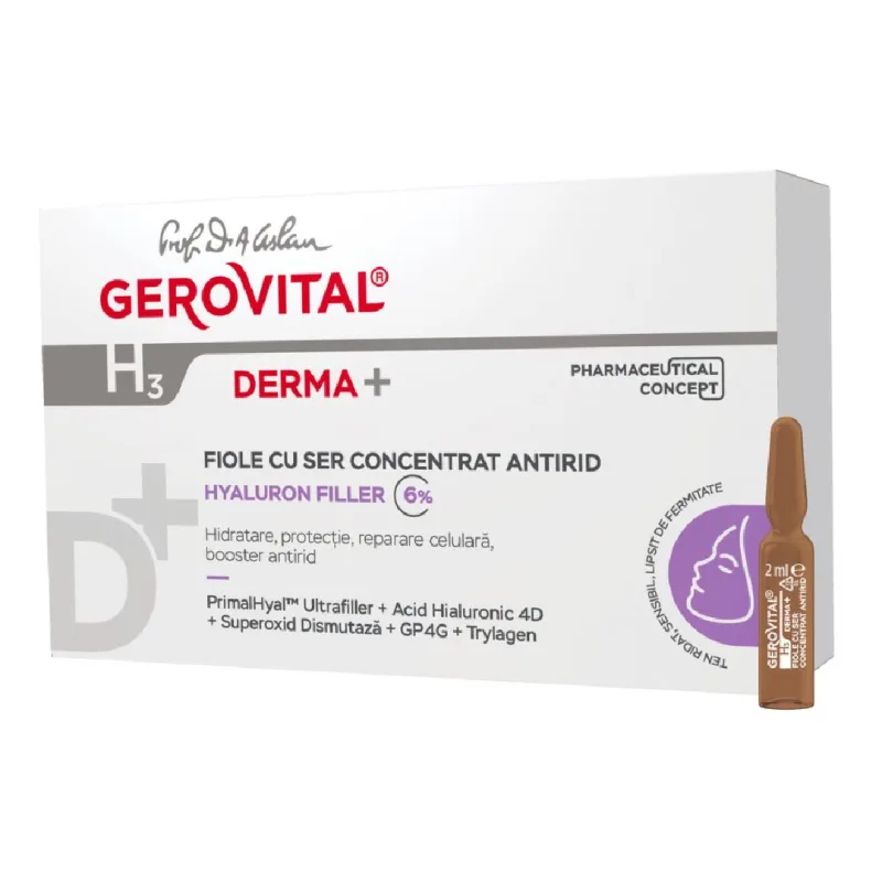 Fiole cu ser concentrat antirid H3 Derma+, 10 fiole*2 ml, Gerovital FARMEC — preț și oferte