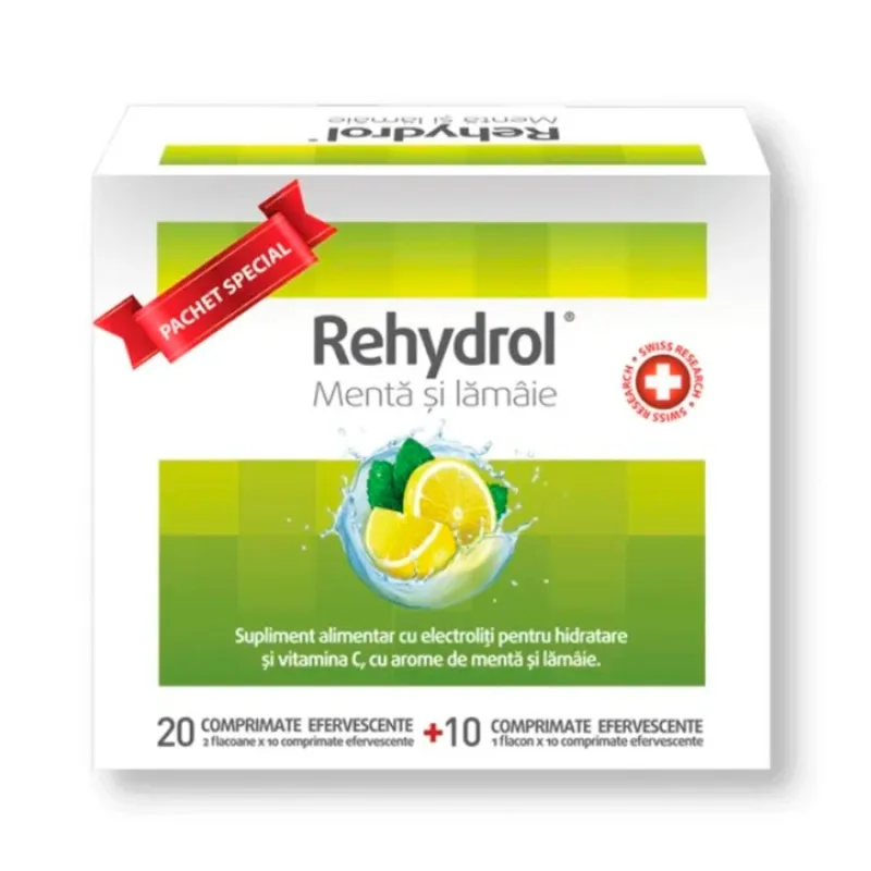 Rehydrol Menta si Lamaie – 20 + 10 comprimate efervescente – MBA Pharma — preț și oferte