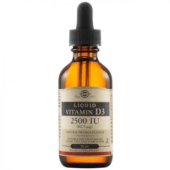 Vitamina D3 lichida 2500 UI, 62,5 mcg, aroma de portocala, 59 ml, Solgar — preț și oferte