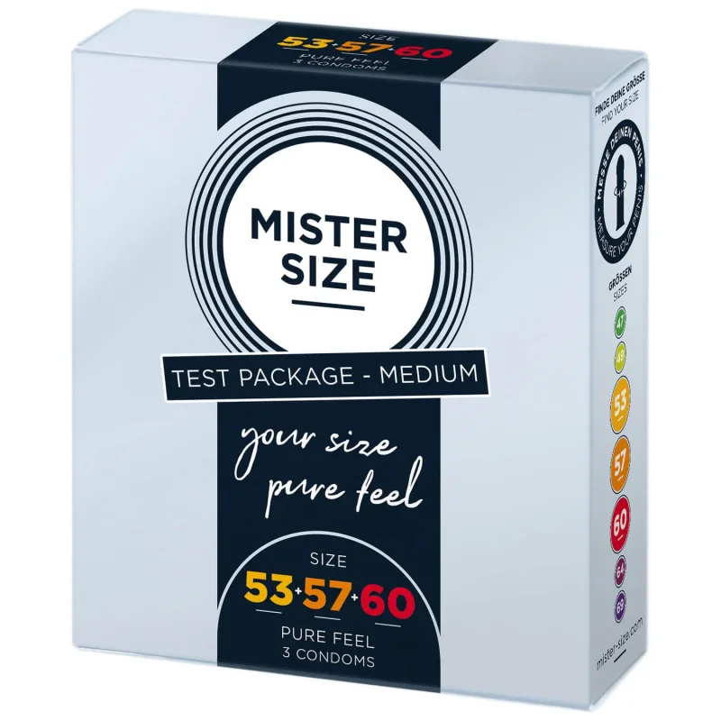 Mister Size, prezervative umezite, netede, pachet test, 53 mm + 57 mm + 60 mm, 3 bucăți — preț și oferte