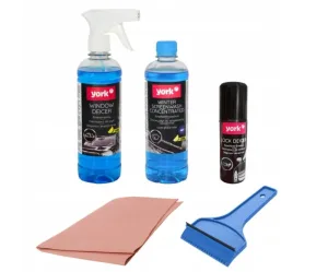York Car Kit Lichid de spălare a parbrizului 500 ml + Dezgheț pentru geamuri 500 ml + Dezgheț pentru încuietori 50 ml + Racletă pentru geamuri + Pânză anticeață