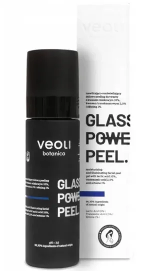 Veoli Botanica Glass Skin Power Peel Gel exfoliant facial hidratant și iluminator cu acid lactic 10%, acid tranexamic 2,5% și ectoină 1%, 30 ml