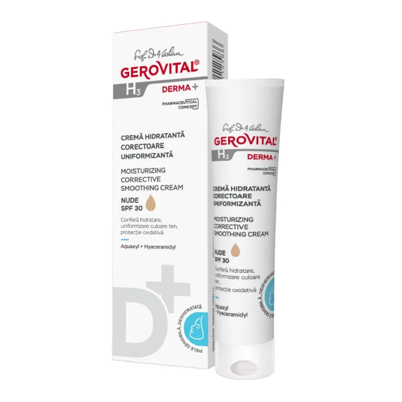 Crema hidratanta corectoare uniformizanta H3 Derma+, Nude, 30 ml, Gerovital FARMEC — preț și oferte