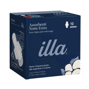 Absorbante bumbac noapte extra, 5 picaturi Illa, 12 bucati