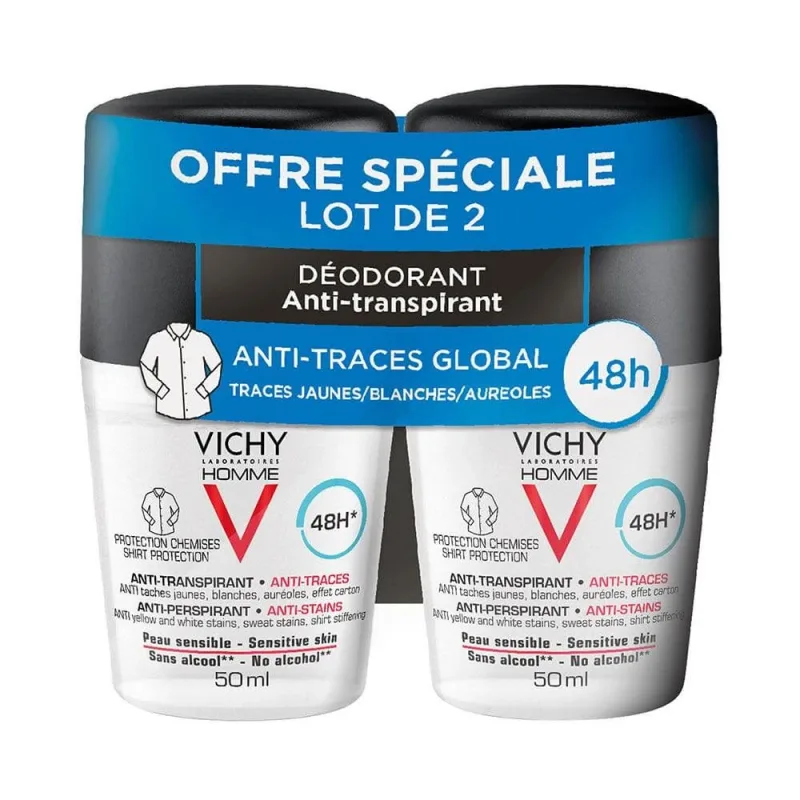 Deodorant pentru bărbați Vichy Antiperspirant și Anti-Trace 48h Roll-on 2x50ml — preț și oferte