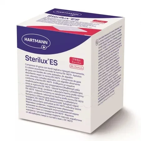 Sterilux ES – Comprese sterile din tifon 10 x 10 cm, 8 straturi, 25 x 5 bucati – Hartmann — preț și oferte