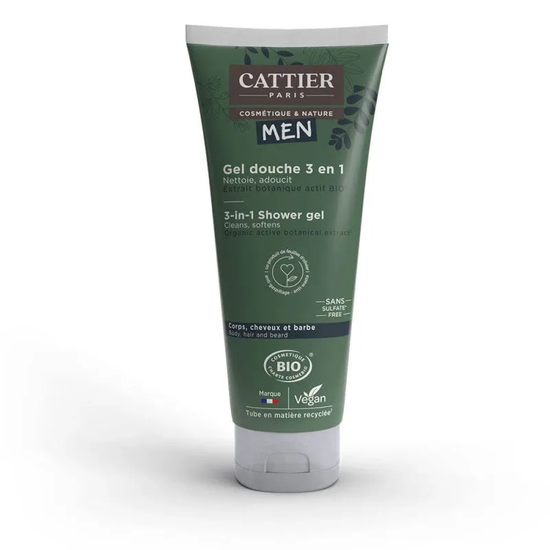 Gel de duș organic pentru bărbați Cattier 3 în 1 pentru corp, păr și barbă 200 ml — preț și oferte