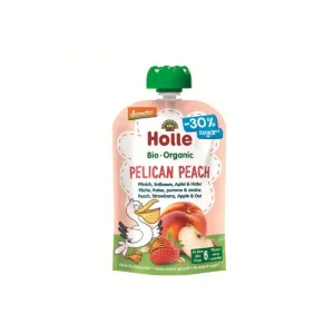 Piure Bio din piersici, capsuni, mere si ovaz Pelican Peach, 100 g, Holle