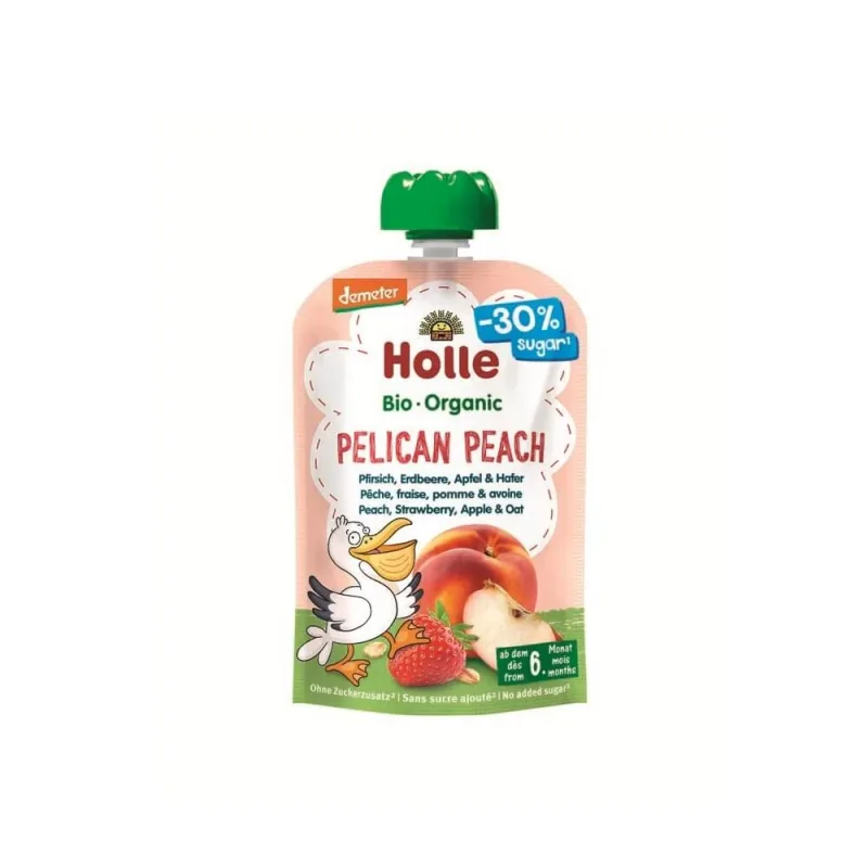 Piure Bio din piersici, capsuni, mere si ovaz Pelican Peach, 100 g, Holle Holle Baby — preț și oferte