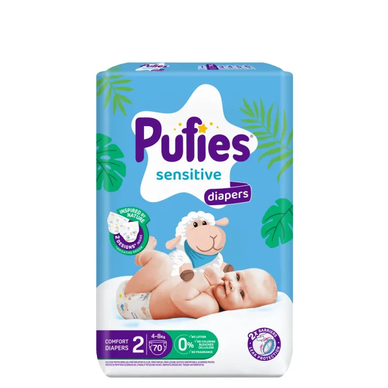 Scutece Sensitive, Nr.2 Mini 4-8 kg, 70 bucati, Pufies — preț și oferte