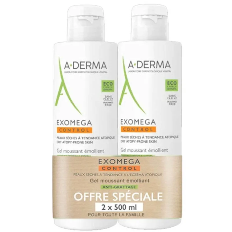 A-Derma Exomega Control Gel de curățare emolient Peaux A Tendance Atopique 2x500ml — preț și oferte
