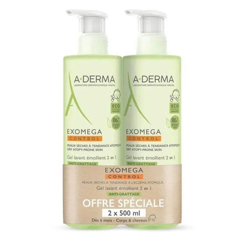 Gel de curățare emolient pentru corp și păr A-Derma Exomega Control, 2 x 500 ml, Pierre Fabre — preț și oferte