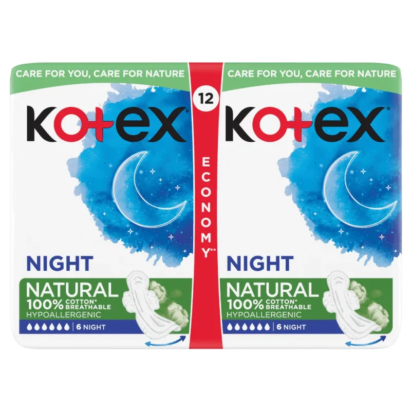 Absorbante hipoalergenice Natural, Night, 12 bucati, Kotex — preț și oferte
