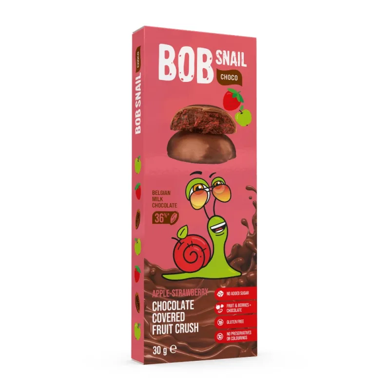 Snack fructat cu ciocolata belgiana, Mar si Capsuni, 30 g, Bob Snail — preț și oferte