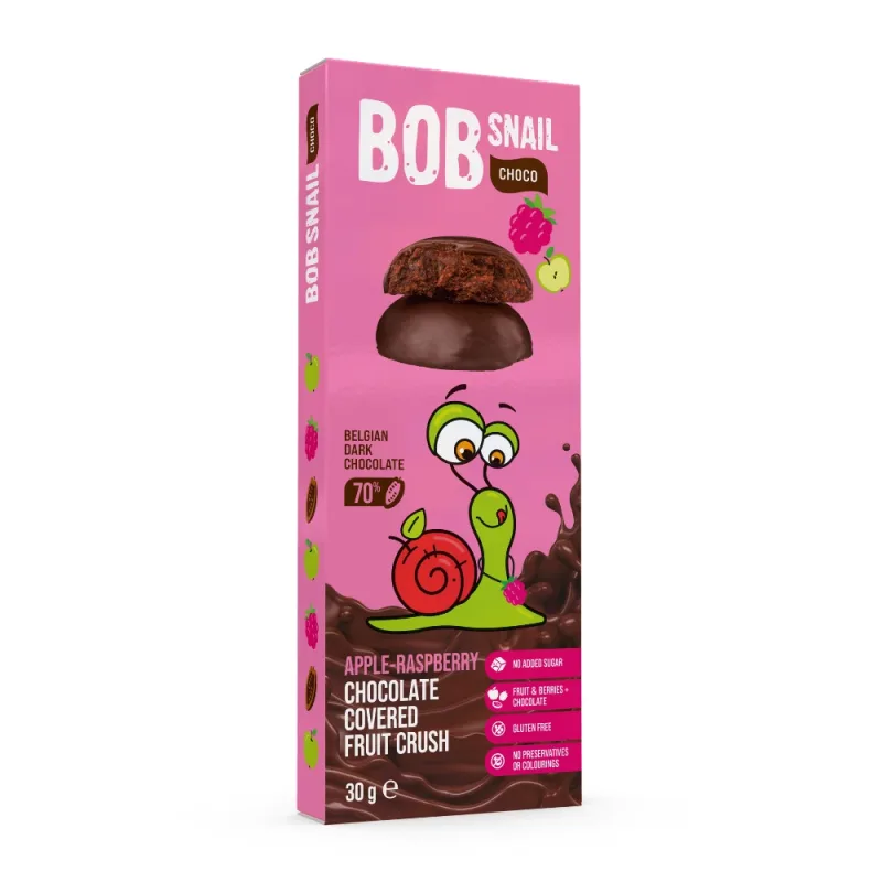 Snack fructat cu ciocolata neagra 70%, Zmeura si Mar, 30 g, Bob Snail — preț și oferte