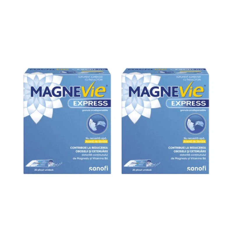 MagneVie Express, 150 mg magneziu + 0.7mg vitamina B6, plus de energie, administrare fara apa, 2x20 plicuri SANOFI — preț și oferte