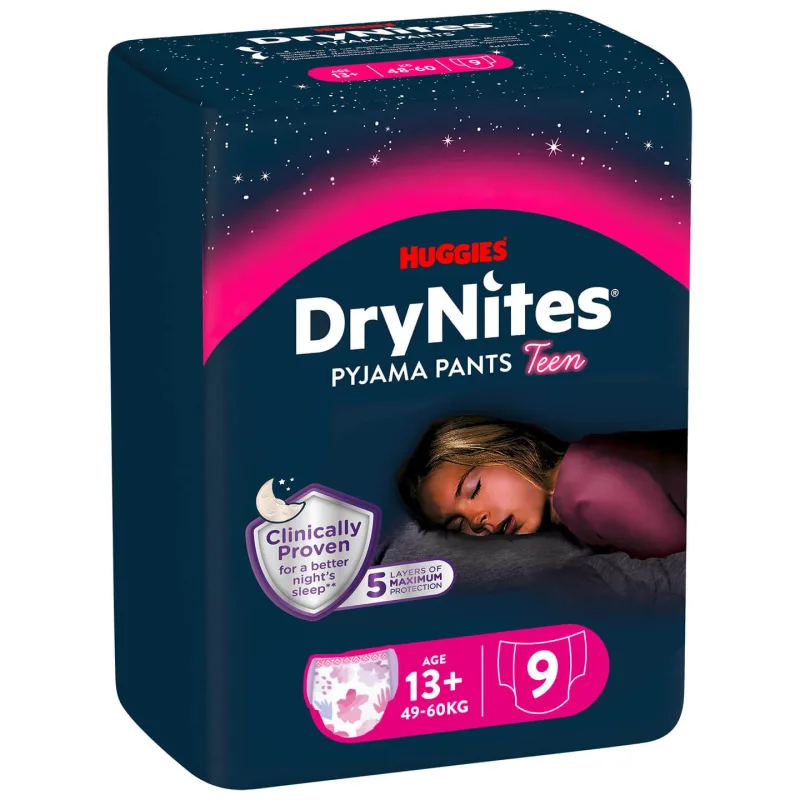 Scutece de noapte DryNites, 49-60 kg, 13 ani+, Fete, 9 buc, Huggies — preț și oferte