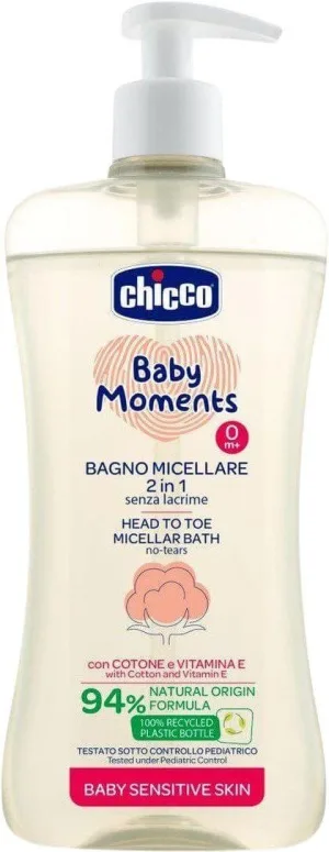 Chicco Șampon micelar pentru păr și corp cu dozator Baby Moments Sensitive 94% ingrediente naturale 500 ml