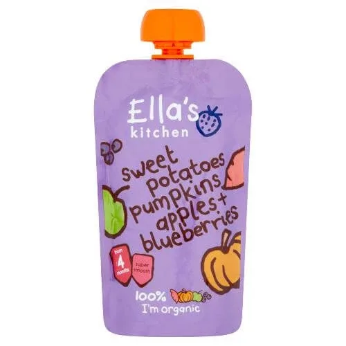 Piure Bio cu cartofi dulci, dovleac, mere si afine, + 4 luni, 120 g, Ella's Kitchen — preț și oferte