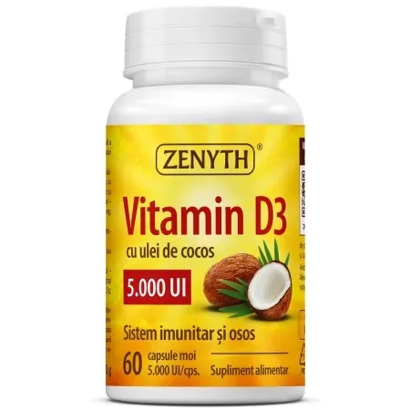 Vitamina D3 cu ulei de cocos, 5000UI, 60 capsule, Zenyth — preț și oferte