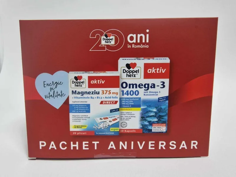 Doppelherz Aktiv Omega 3 1400 + Magneziu Direct 375mg + Vit. B6 + B12 + Acid Folic Pachet Aniversar 20 ani — preț și oferte