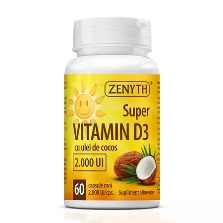 Super vitamina D3 cu ulei de cocos, 2.000UI, 60 capsule, Zenyth — preț și oferte